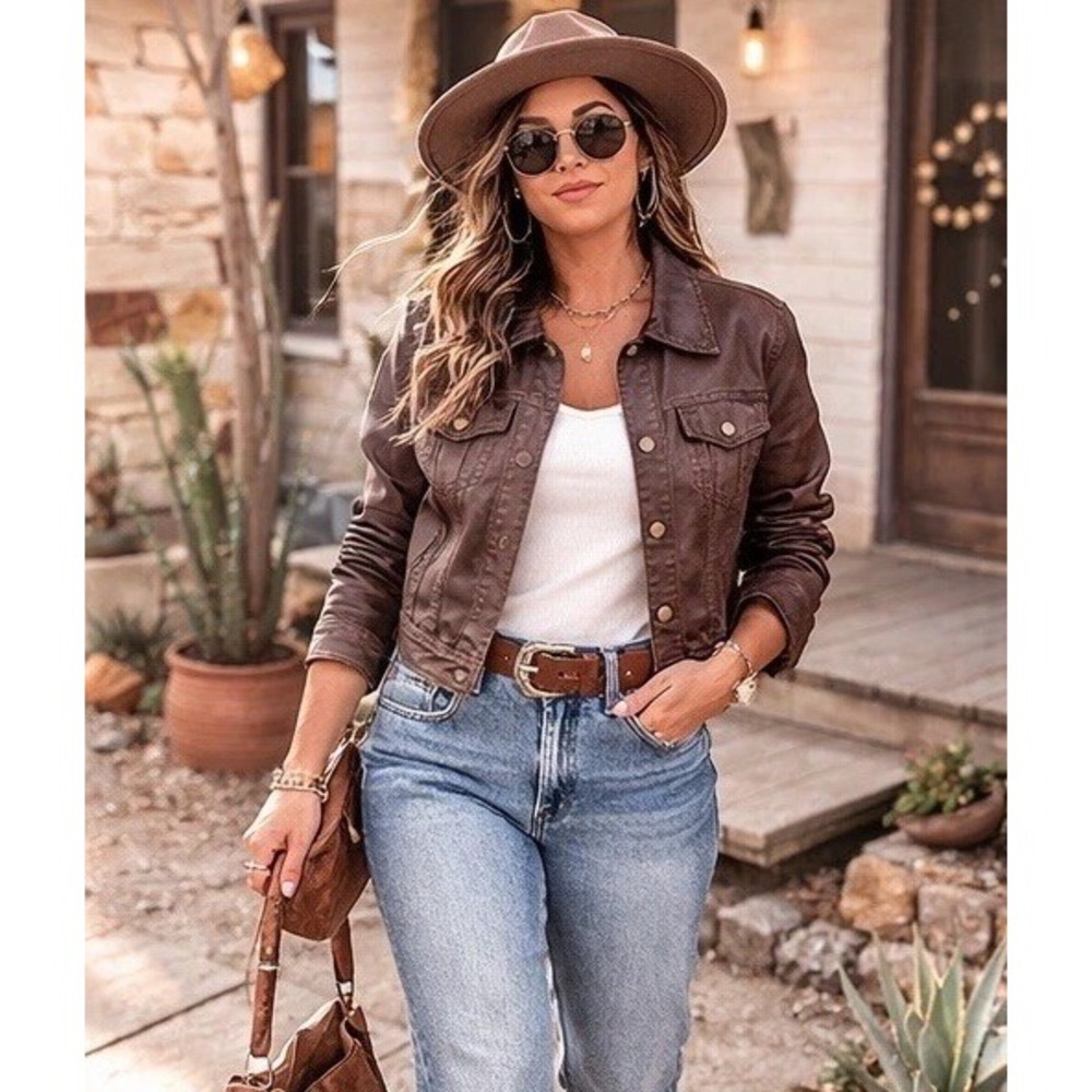 Lee Jacket Faux Leather  Women's XL Brown Moto Trucker Cropped Y2K Vintage Style
